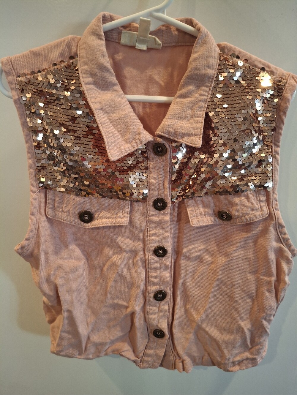 Self Esteem Blush Pink Sequin Yoke Sleeveless Button-Up Crop Top